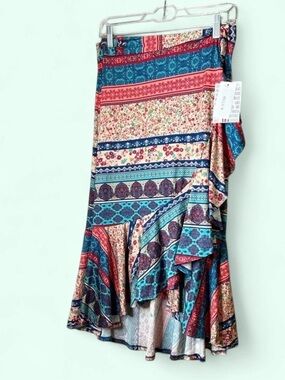 LuLaRoe Bella Multicolor Patchwork wrap High-Low Ruffle Skirt